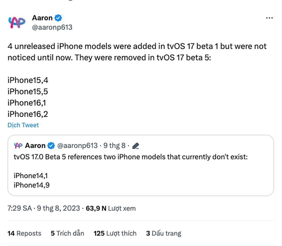 Mã tvOS 17 xác nhận iPhone 15 Pro dùng chip A17, iPhone 15 có chip A16
