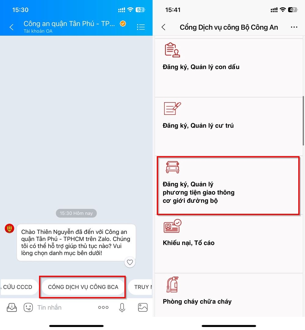 Cách đăng ký cấp biển số xe trên ứng dụng Zalo 2