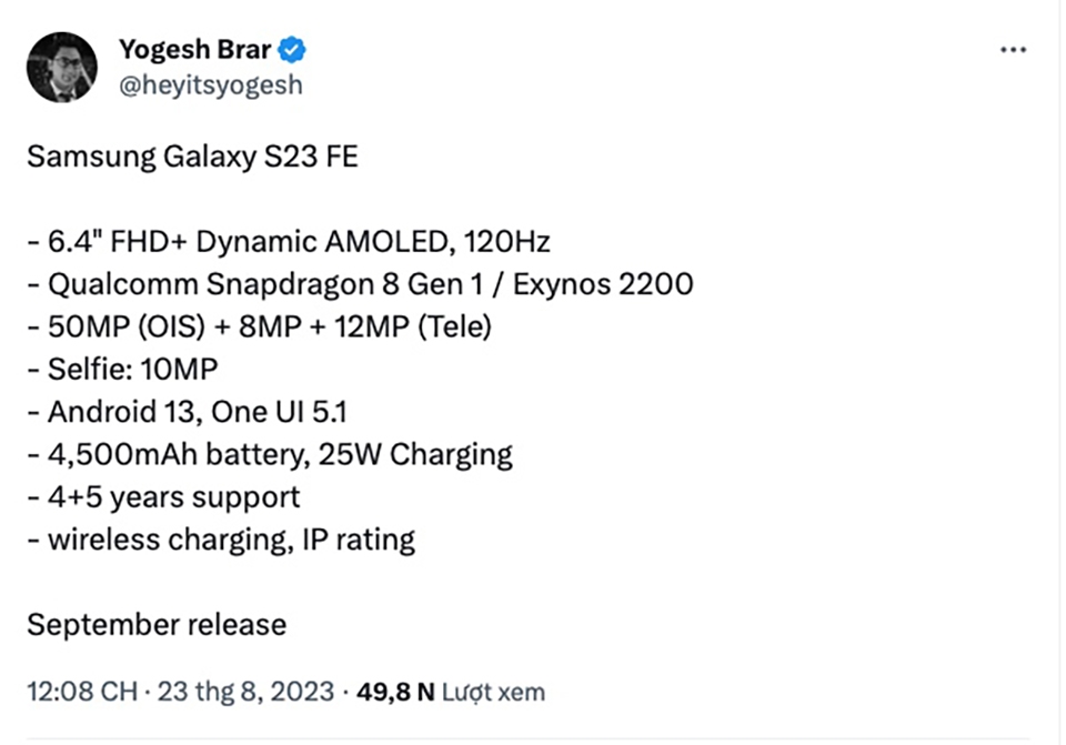 Cấu hình Galaxy S23 FE