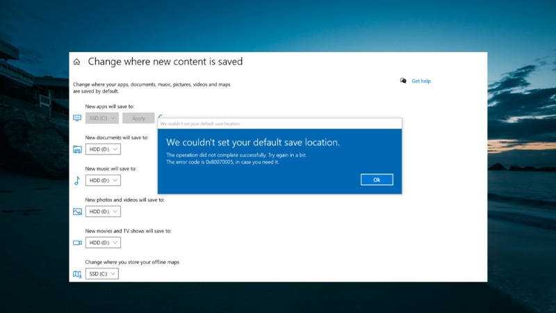 We Couldn't Set Your Default Save Location - hình 1