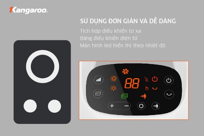 Màn hình cảm ứng điều chỉnh các chế độ của quạt sưởi Kangaroo