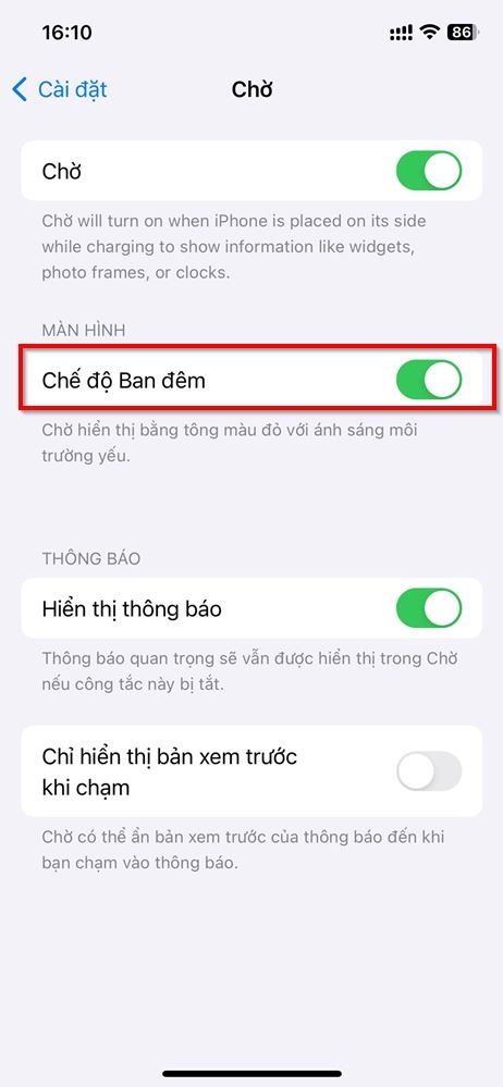 Cách bật chế độ ban đêm trên Standby 2