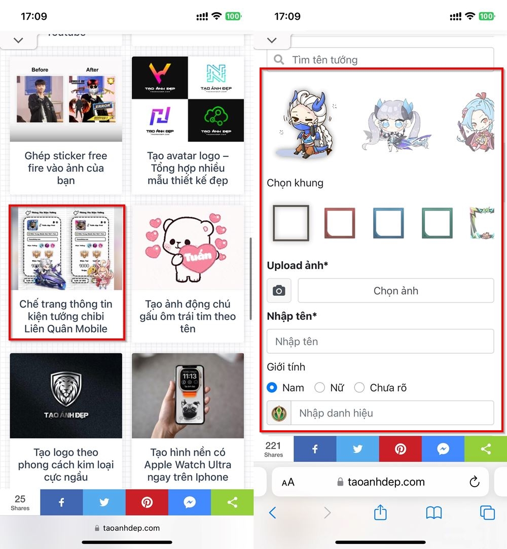 Cách chế ảnh chibi trang thông tin kiện tướng Liên Quân Mobile 1