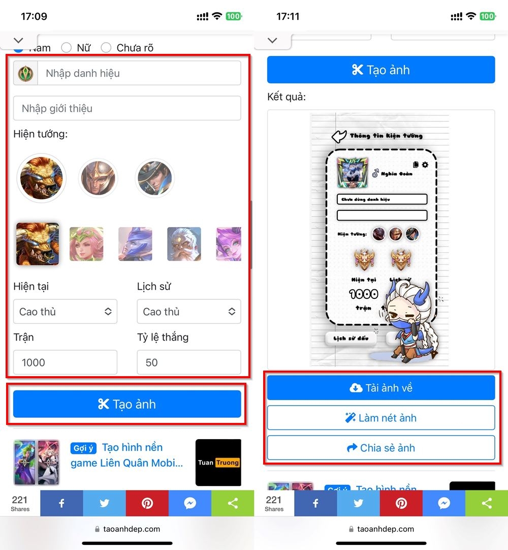Cách chế ảnh chibi trang thông tin kiện tướng Liên Quân Mobile 2