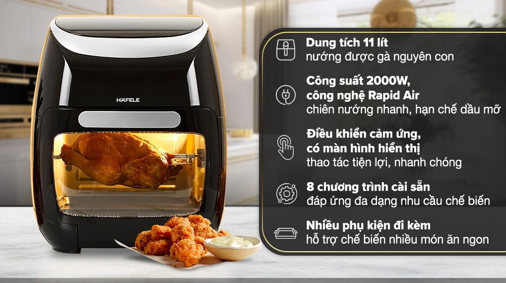 Nồi chiên không dầu Hafele HS-AF1102B có công suất nấu mạnh mẽ đi kèm các tiện ích đa dạng