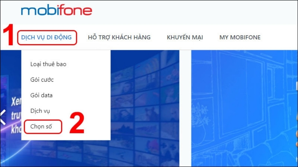 Nhấn chọn Dịch vụ di động, nhấn chọn tiếp “Chọn số”
