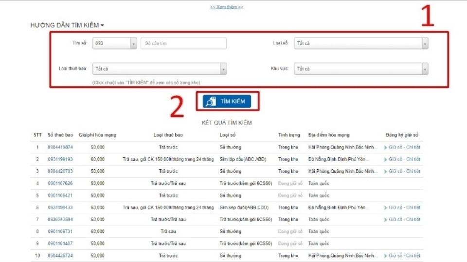 Nhập 093 vào ô tìm kiếm