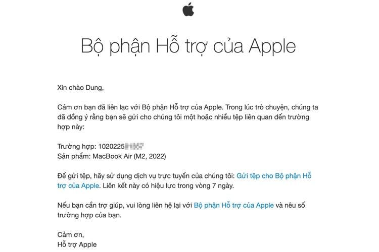 Email đính kèm link để bạn gửi hoá đơn mua hàng cho Apple.