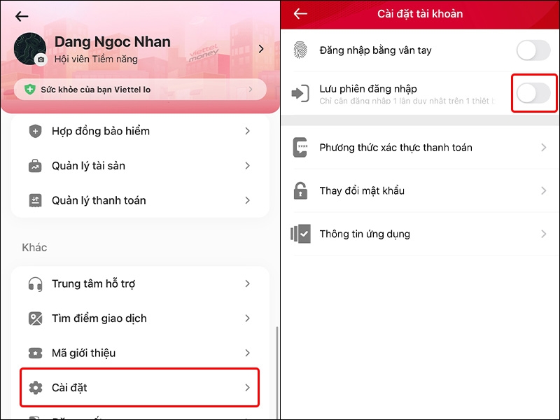 lưu phiên bản đăng nhập trên ứng dụng Viettel Money - hình 2