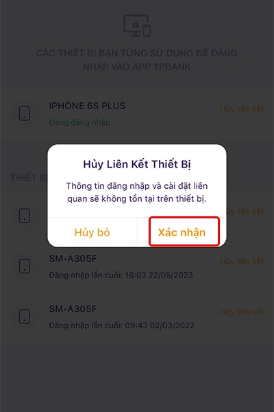 Cách hủy liên kết thiết bị trên ứng dụng TPBank Mobile - hình 4