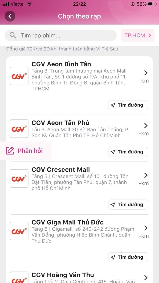 Momo sẽ hiển thị danh sách các rạp chiếu phim gần