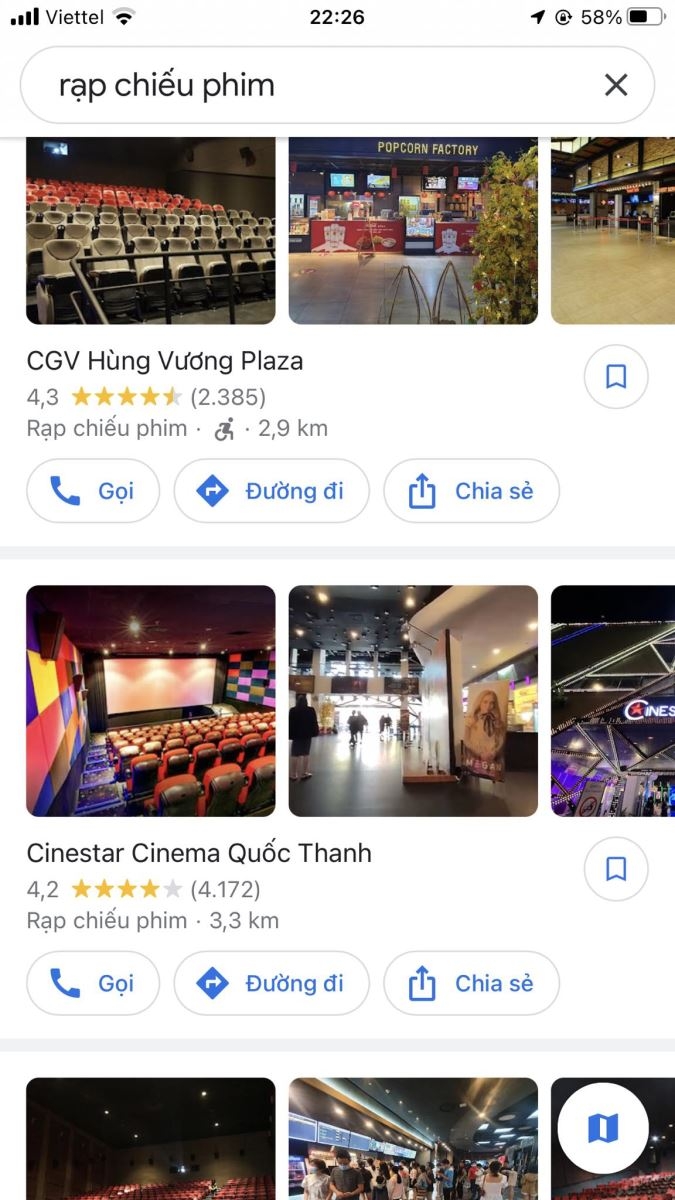 Google Maps sẽ hiển thị các kết quả rạp chiếu phim gần đây