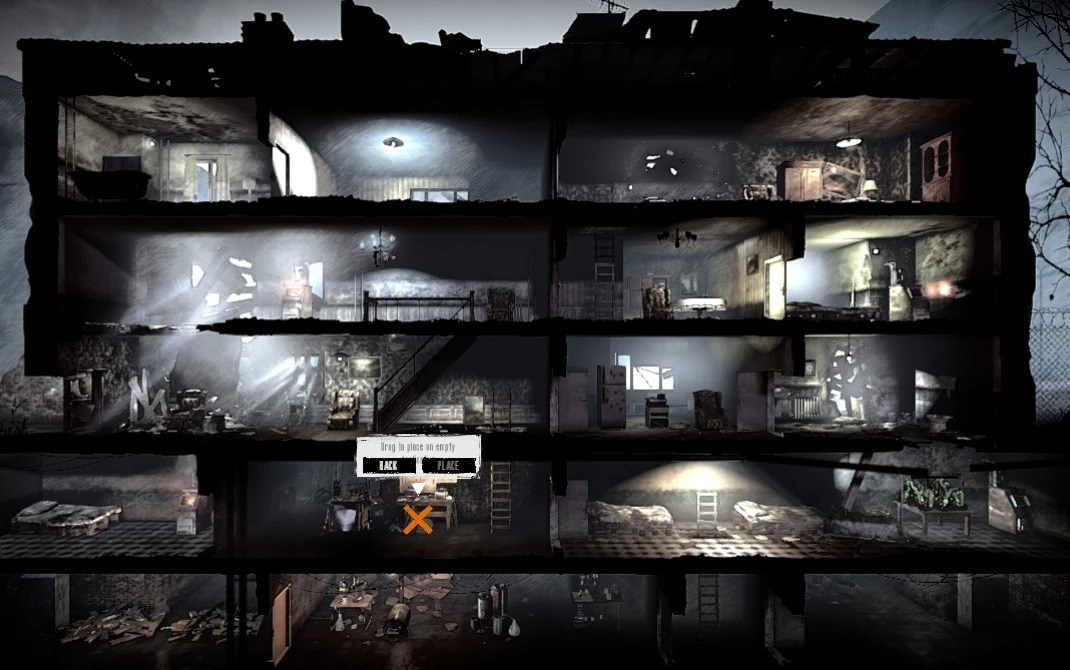 This War of Mine được xây dựng bối cảnh u tối, kịch tính với tiếng súng, tiếng gió đặc trưng, khiến người chơi bị cuốn vào không khí đáng sợ và căng thẳng