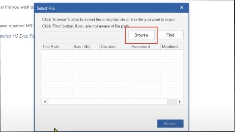 Chọn Browse để tìm file hỏng