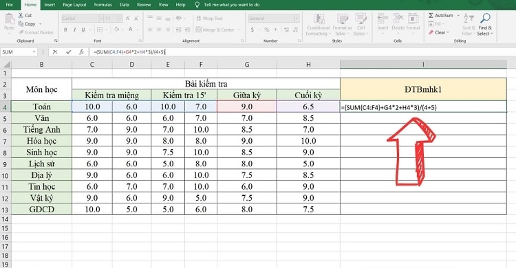 Tính điểm trung bình môn học kỳ 1 thông qua Excel