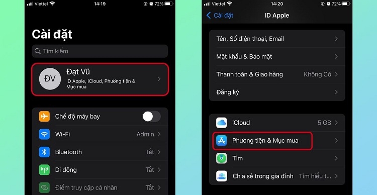 Chọn Phương tiện và Mục mua trong phần Cài đặt của iPhone