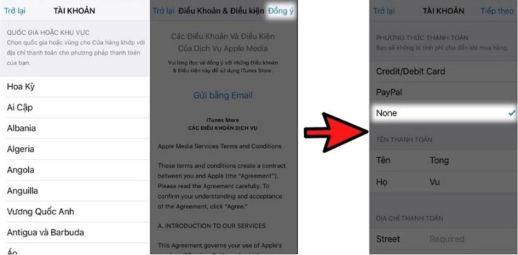 Chọn quốc gia chuyển vùng và nhấn None