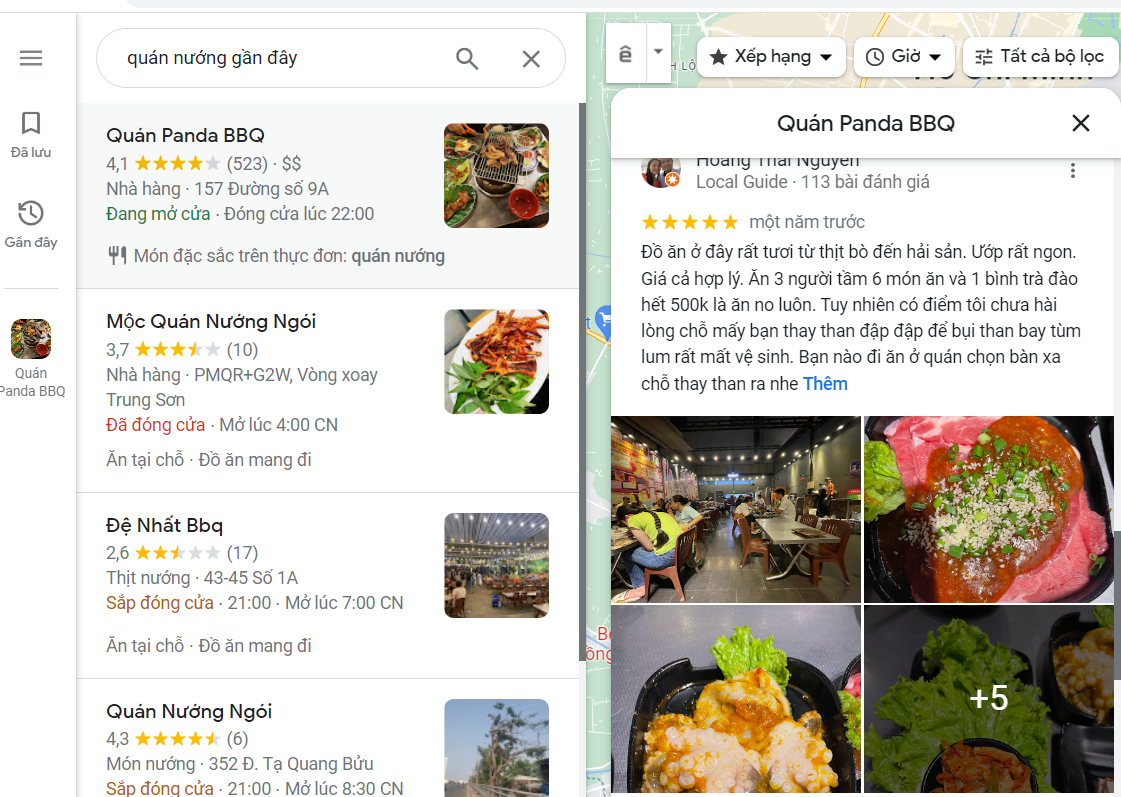 Google Maps&nbsp;sẽ hiển thị danh sách các quán nướng gần bạn