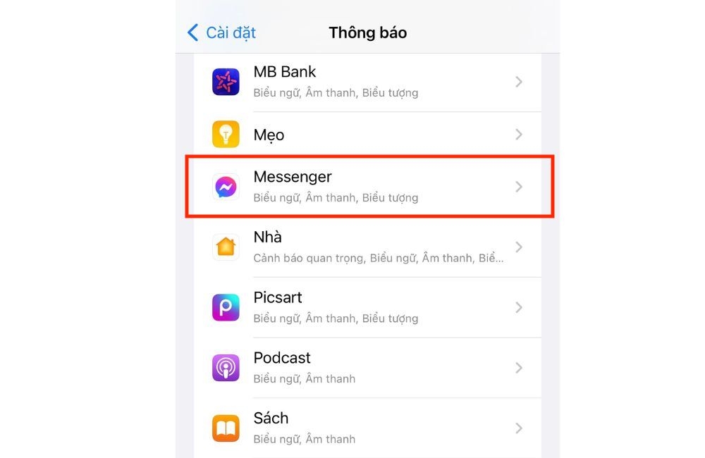 Vào mục cài đặt thông báo Messenger