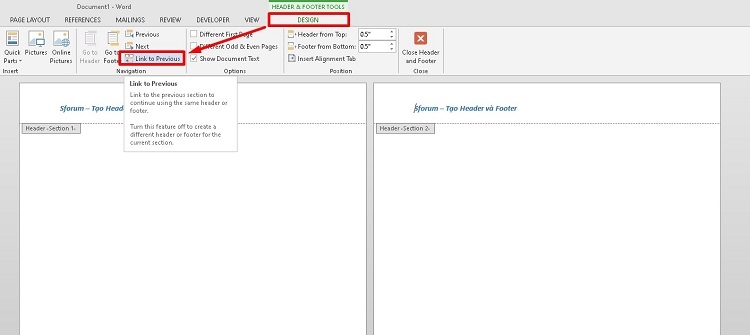 Nhấn vào Link to Previous để xoá liên kết Header trên các trang