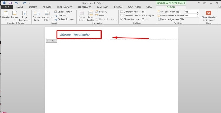 Nhấp đúp chuột vào mục Header