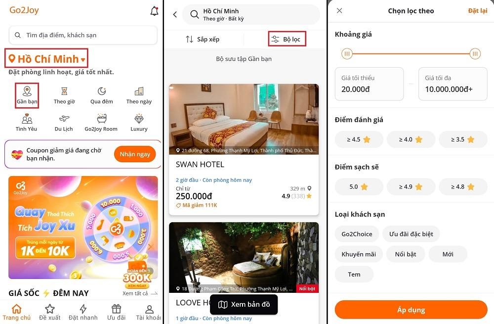 Cách tìm nhà nghỉ quanh đây bằng Go2Joy
