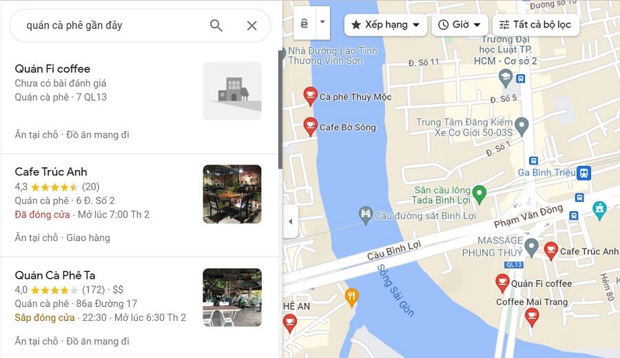 Tìm quán coffee gần đây trên Google Map