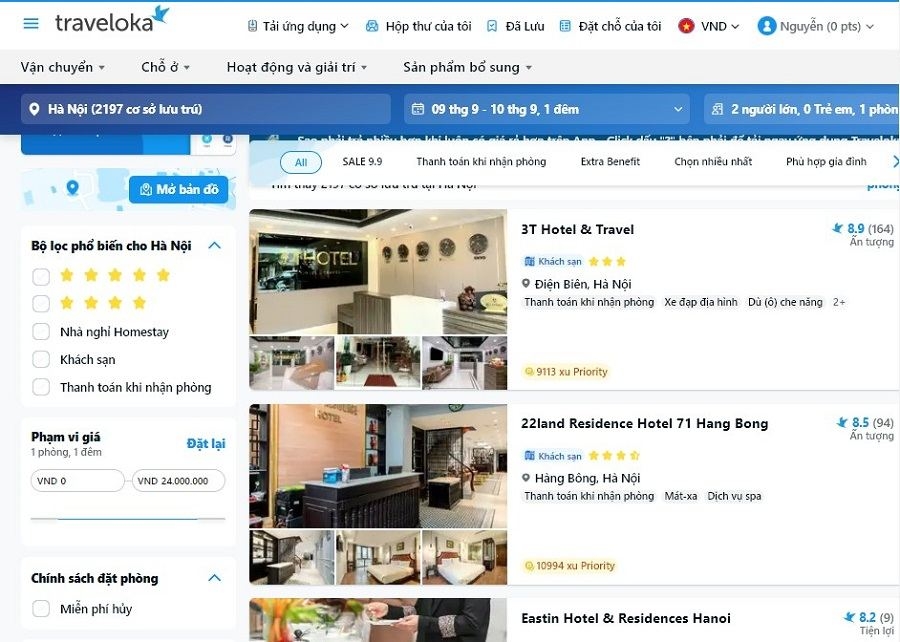 Các thông tin của khách sạn và bộ lọc trên Traveloka