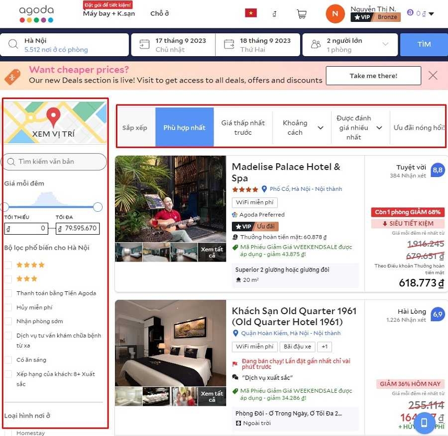 Giao diện hiển thị kết quả tìm kiếm của Agoda trên website