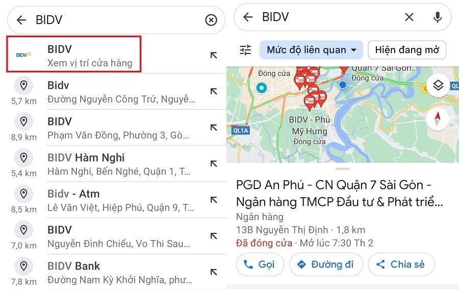 Tìm BIDV gần đây bằng Google Map