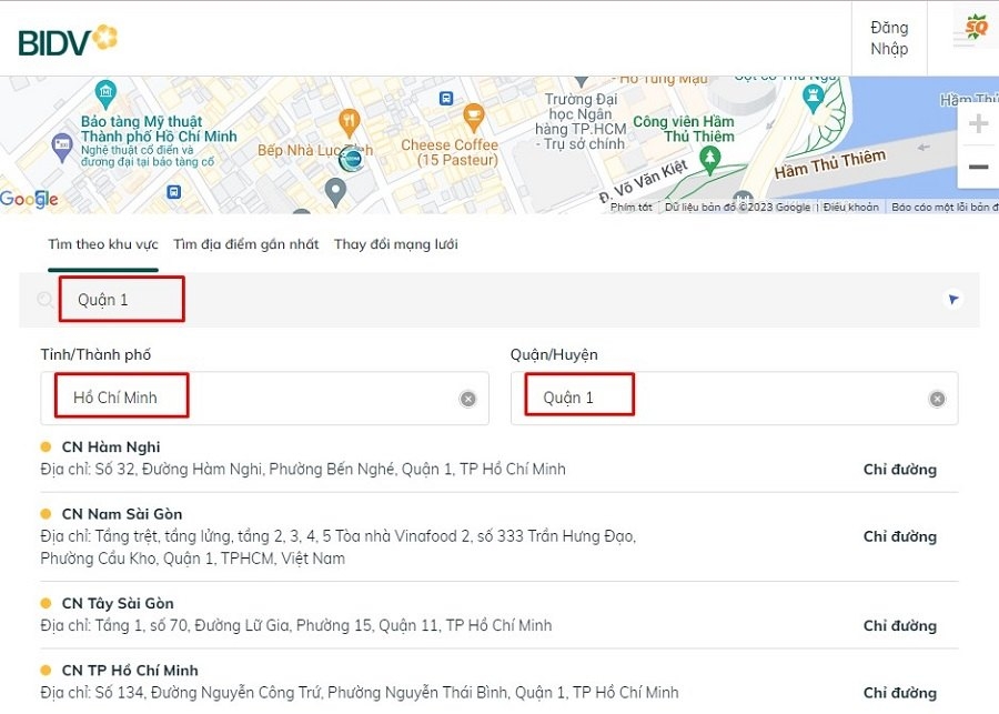 Tra cứu các chi nhánh BIDV trên website