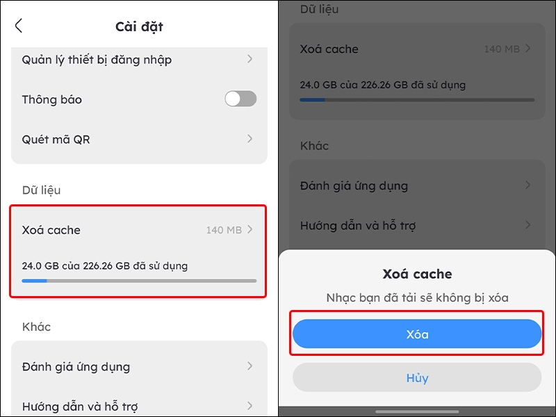 Cách xóa bộ nhớ cache trong ứng dụng Nhaccuatui