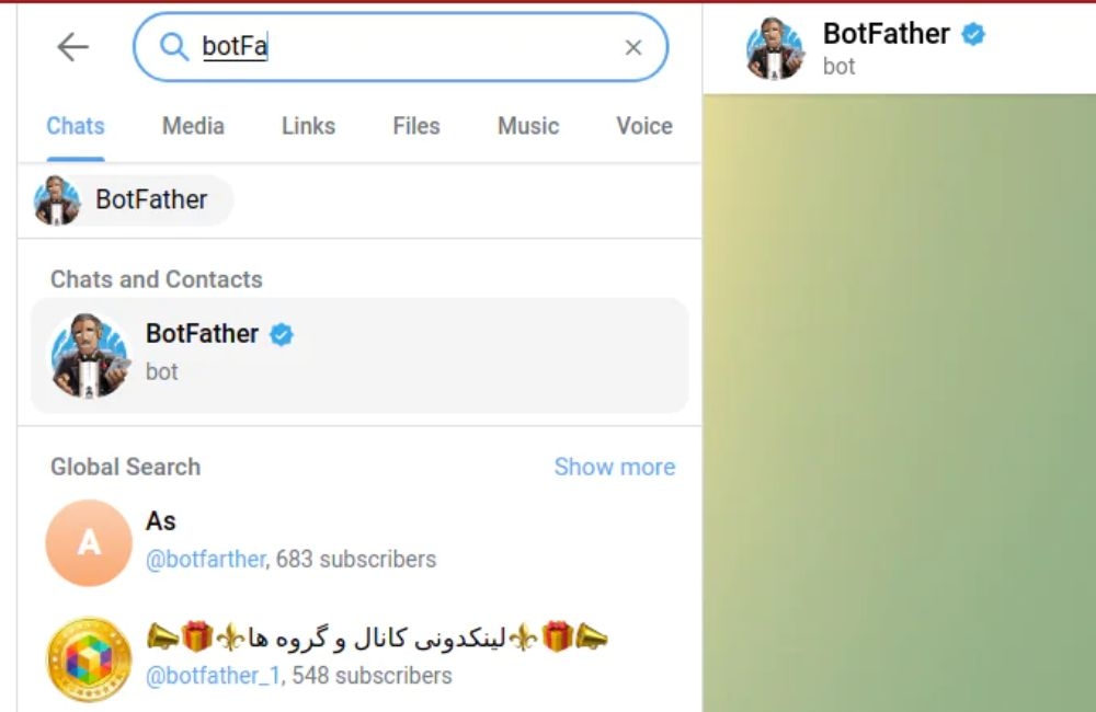 nhập vào ô tìm kiếm BotFather