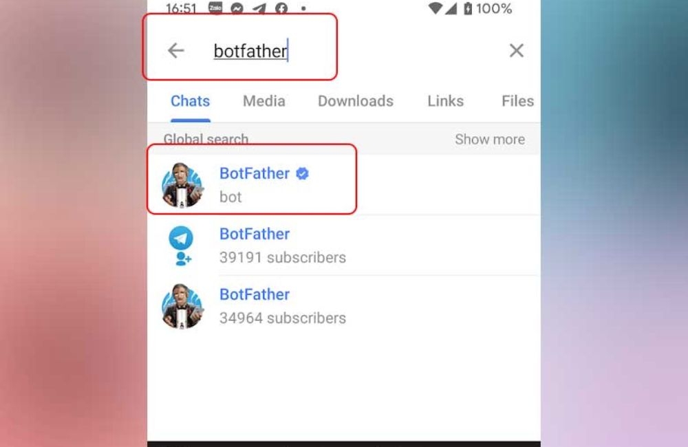 nhập BotFather trên thanh tìm kiếm