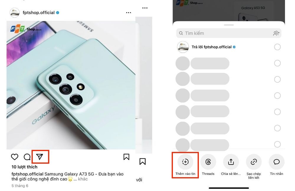 thêm bài viết lên tin Instagram