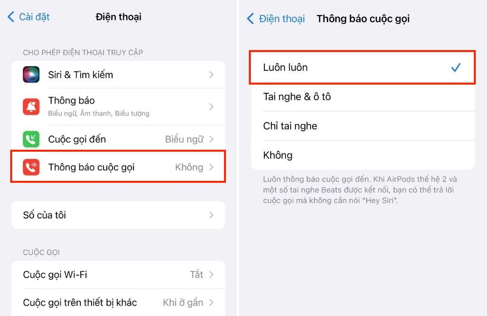 chọn mục Thông báo cuộc gọi trên iPhone