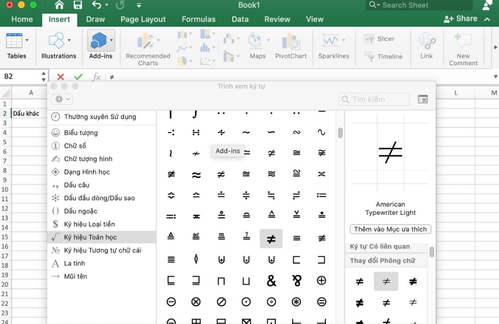 nhập dấu khác trong Excel đối với máy Mac