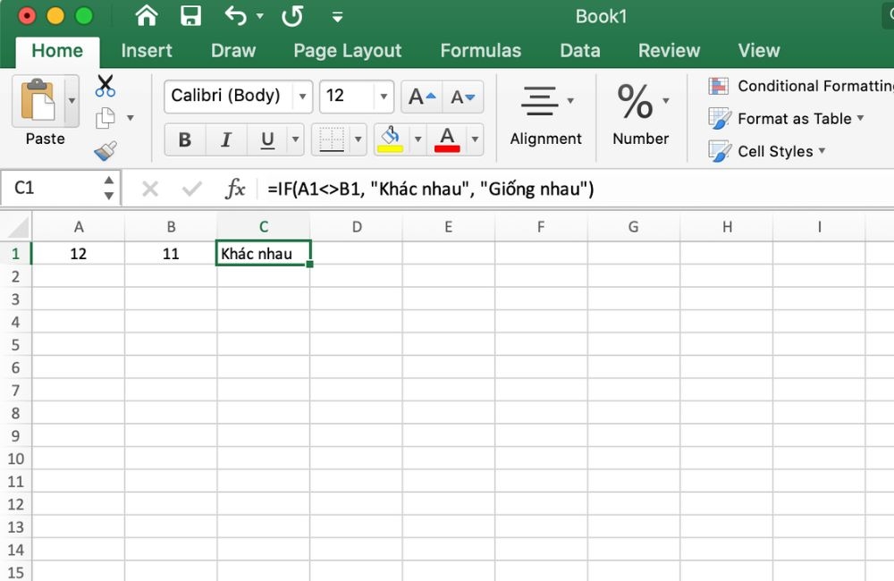 dấu khác trong hàm IF