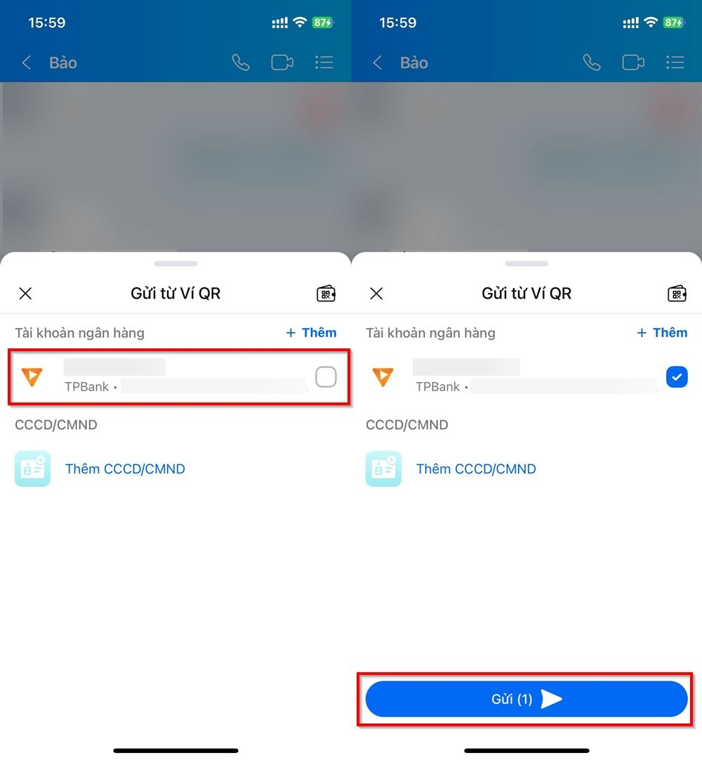 Cách gửi thông tin thẻ trong Ví QR qua chat Zalo 2