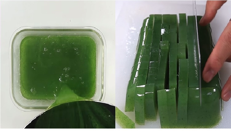 Cho hỗn hợp ra khuôn, cắt thạch lá dứa