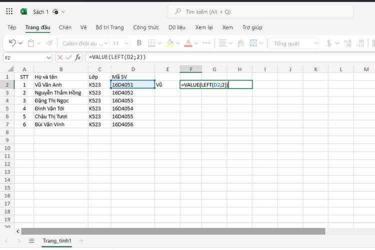 Kết hợp hàm LEFT với hàm VALUE - Bước 1