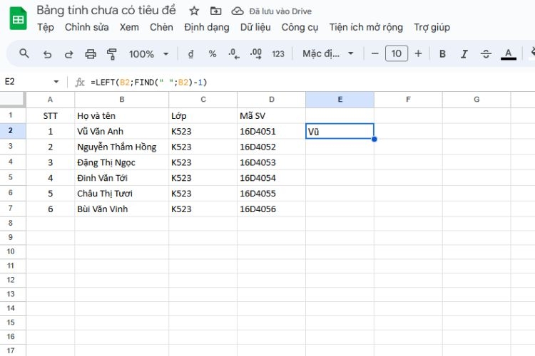 Cách sử dụng hàm LEFT đối với Google Sheets - Bước 3