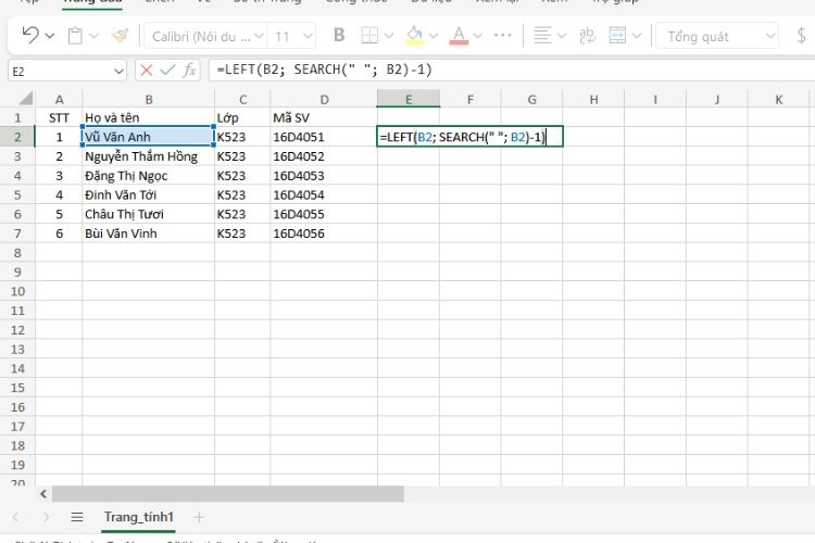 Cách sử dụng hàm LEFT nâng cao trong Excel - Bước 1