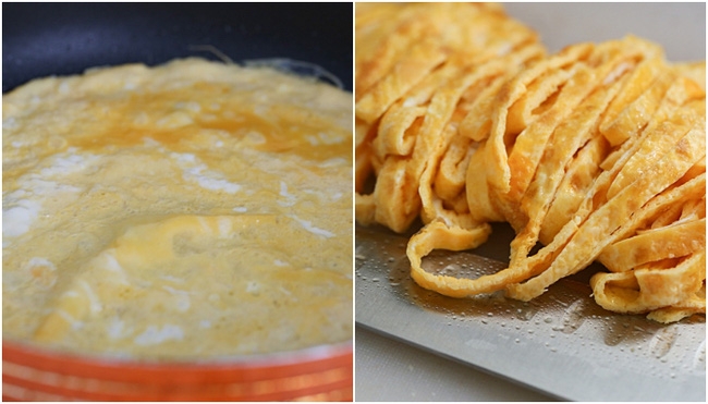 Chiên trứng và cắt sợi dài