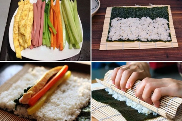 Đặt nguyên liệu lên rong biển có cơm, rồi cuộn thật chặt