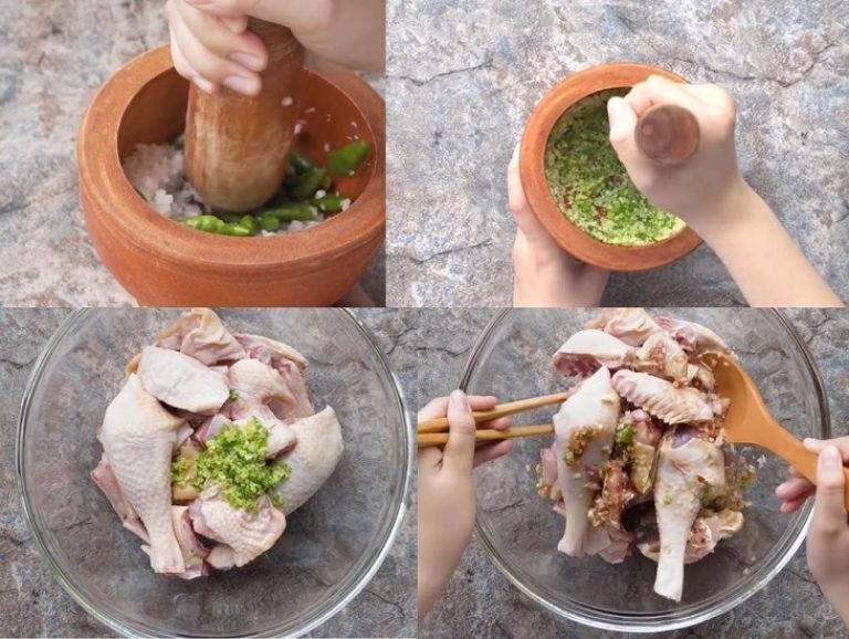 Ướp thịt gà với hỗn hợp lá é, ớt xiêm xanh, sả