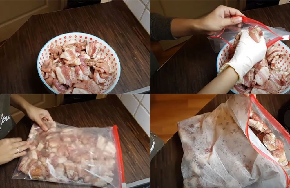 bỏ thịt vào túi zip