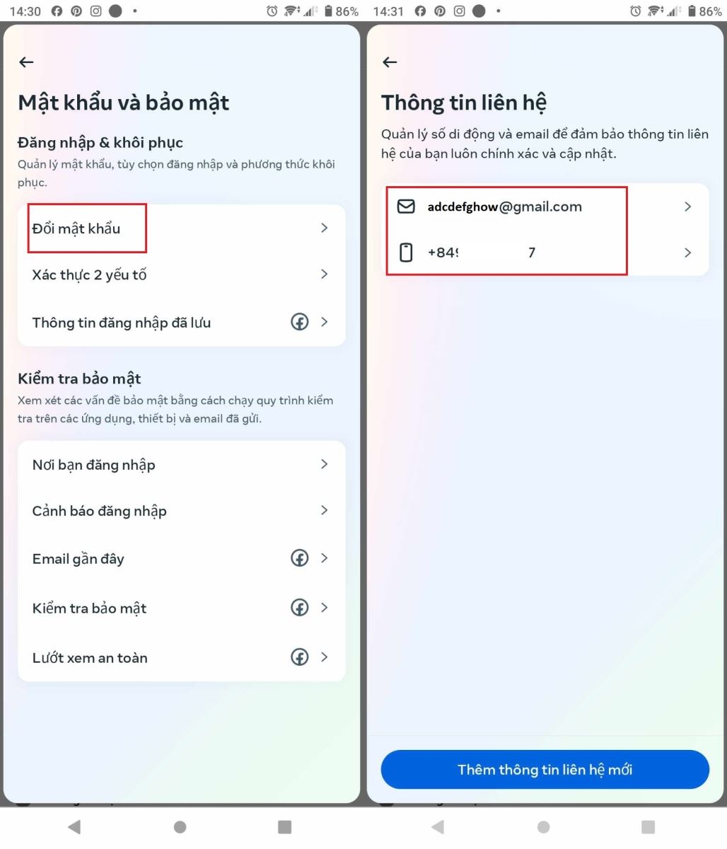 đổi địa chỉ email và số điện thoại