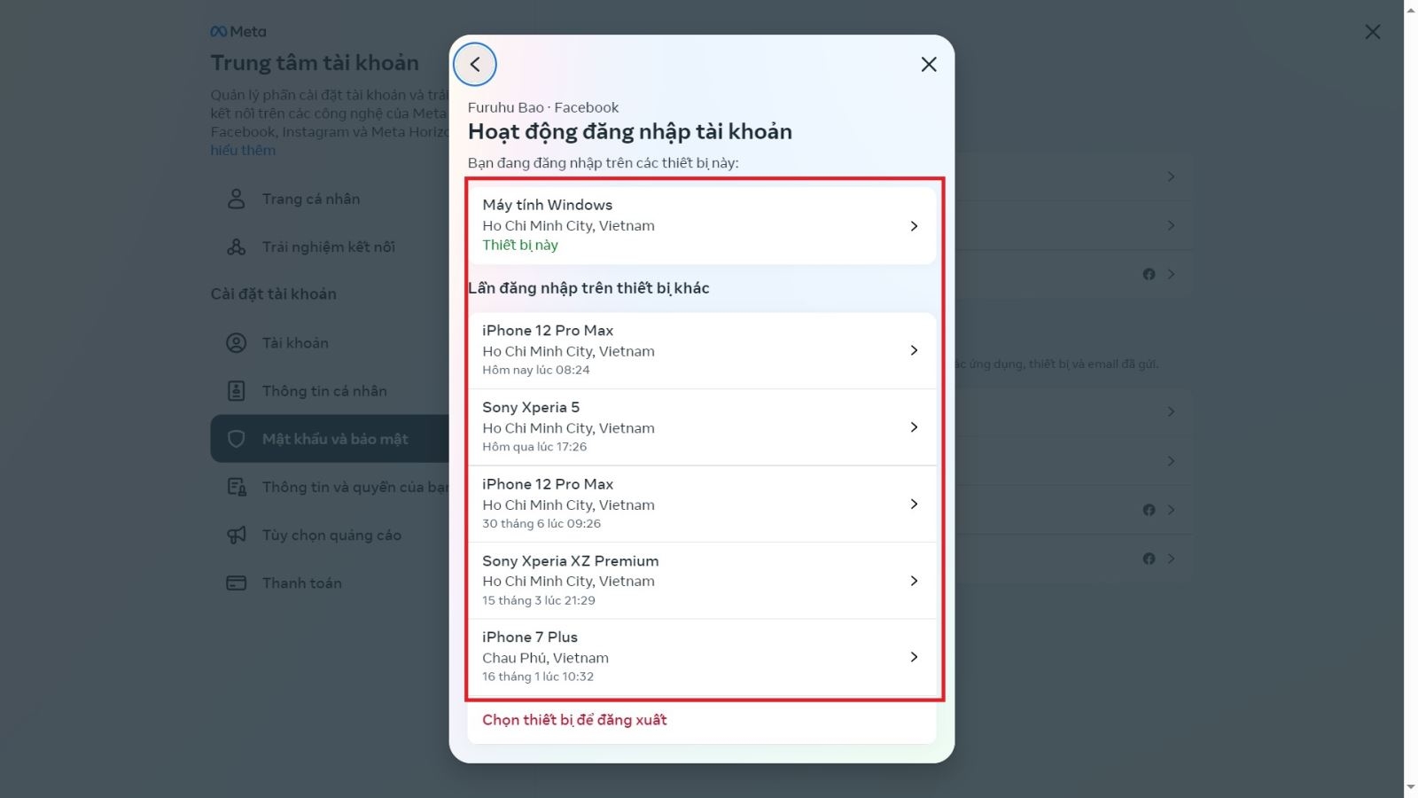 Xem các thiết bị được sử dụng để đăng nhập Facebook