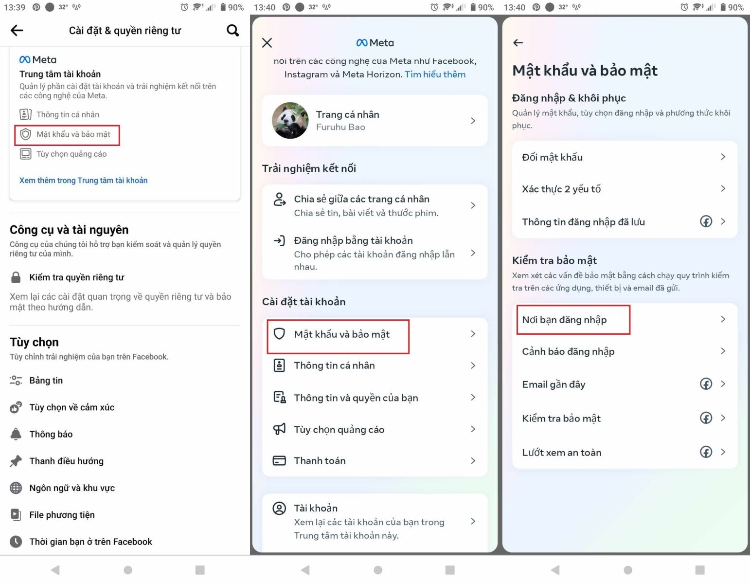 Nhấp vào Mật khẩu và bảo mật trên ứng dụng Facebook